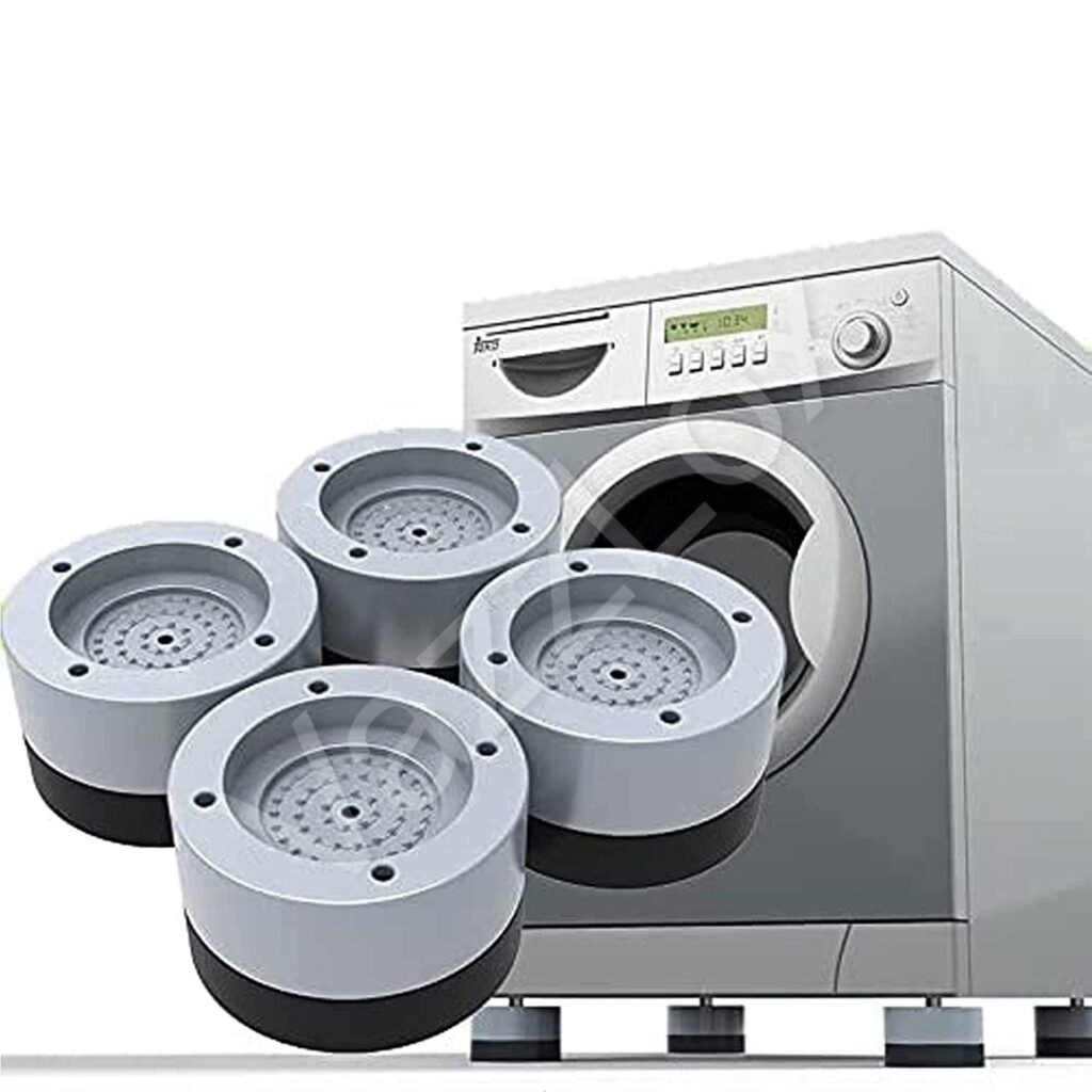 Set of four anti-vibration pads placed under a washing machine to reduce noise, movement, and floor damage. Designed for stability and durability.