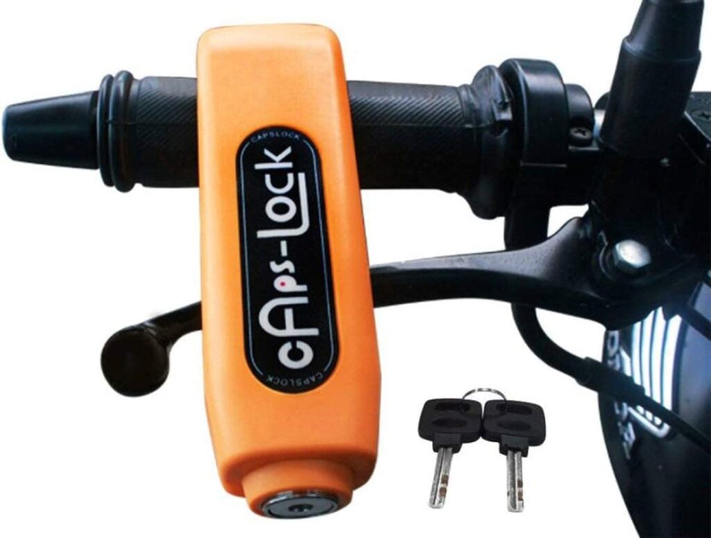 Heavy-duty bike brake lock securing a motorcycle handlebar and brake lever.