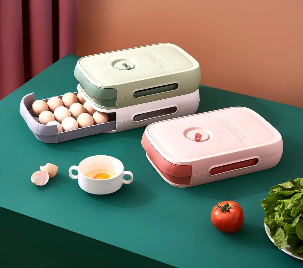 Plastic drawer-type egg holder with automatic rolling design for fridge organization.