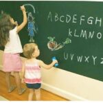 Two children writing on Green Chalk Board Wall Sticker