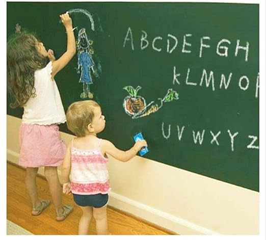 Two children writing on Green Chalk Board Wall Sticker