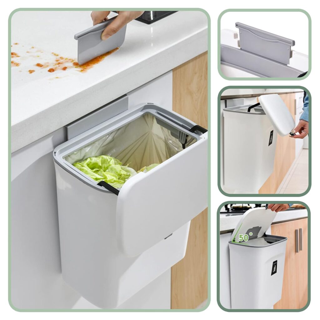 Kitchen Cabinet Door Hanging Trash Can with Lid in action