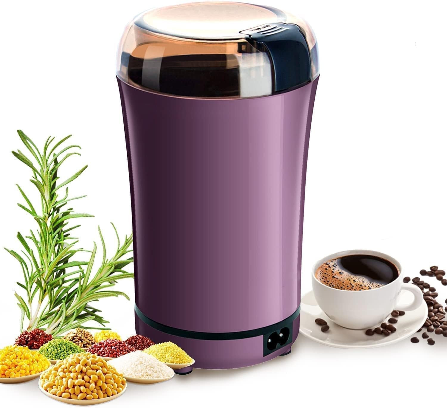 Portablle Coffee and Spice Grinder with cofee mug and spices