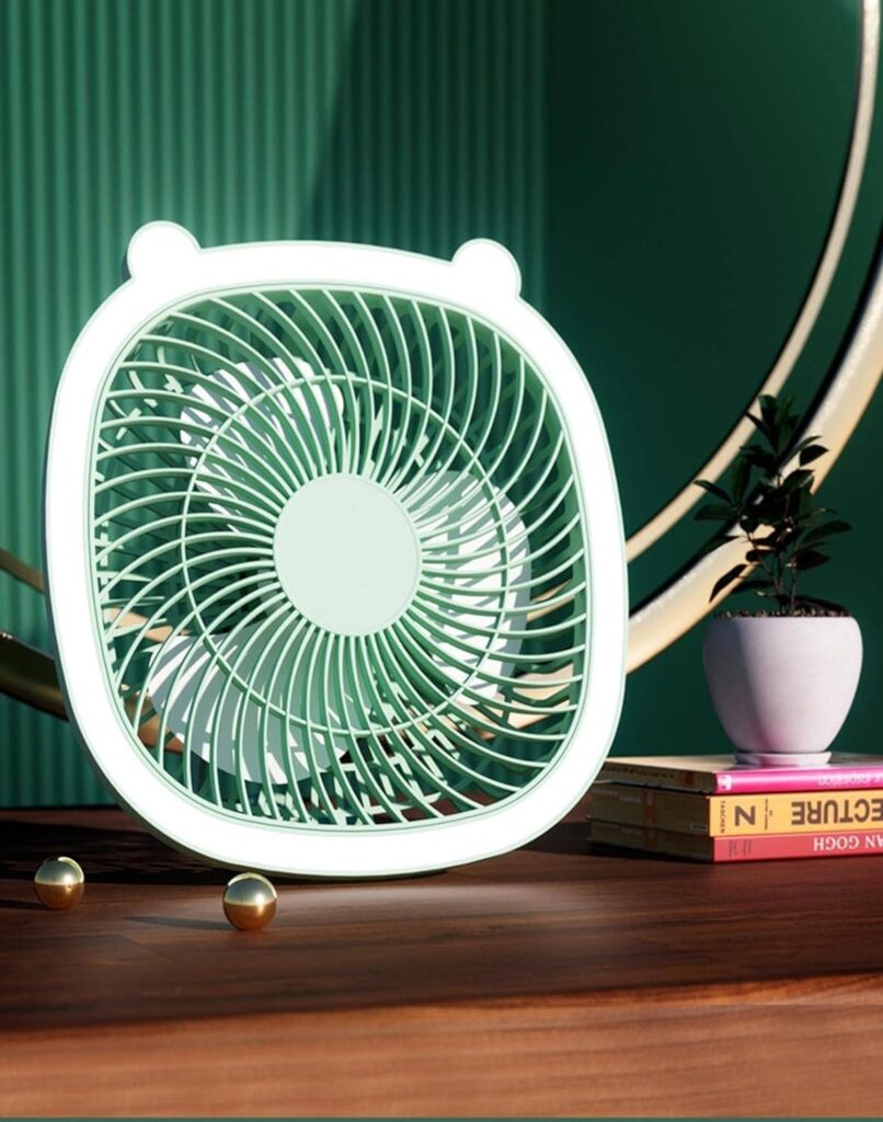 Rechargeable USB fan with LED light, perfect for camping, desk use, and travel, featuring a hanging hook and quiet operation.