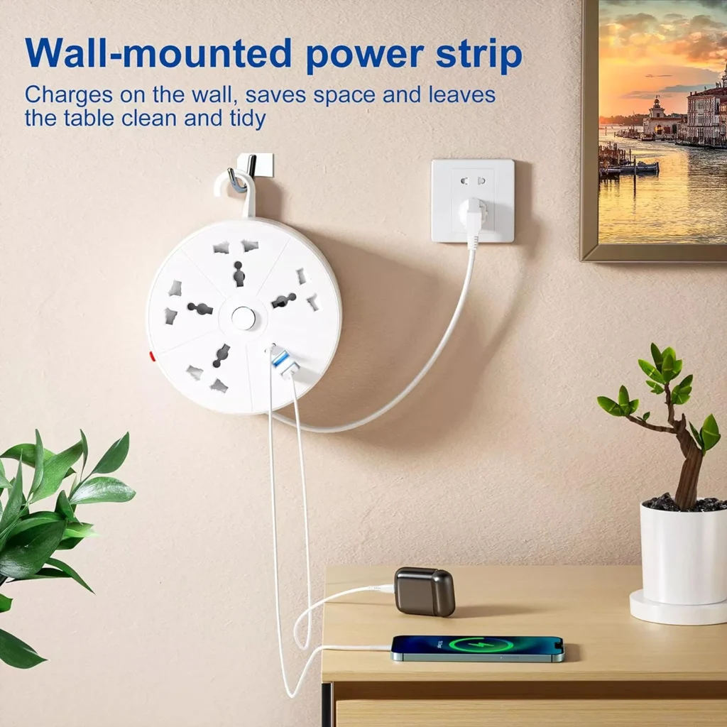 Wall-mounted power strip with multiple outlets and USB ports, designed to save space and keep surfaces clutter-free. Ideal for home and office use