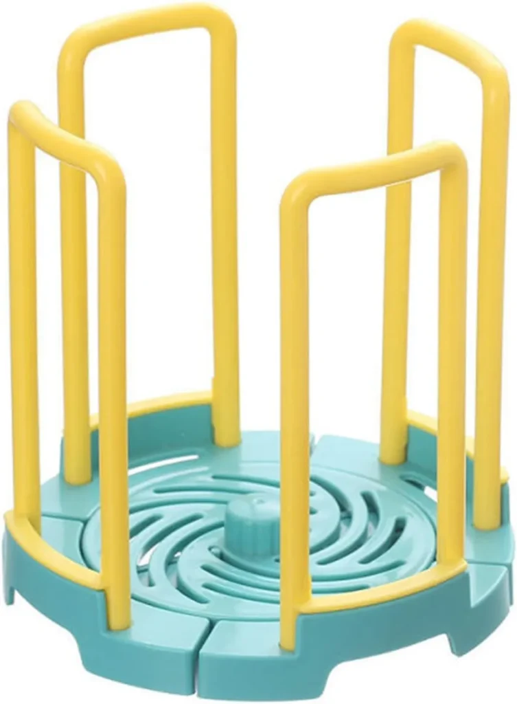 Bowl drain organizer with a blue circular base and yellow vertical supports, designed for efficient drying and storage of bowls