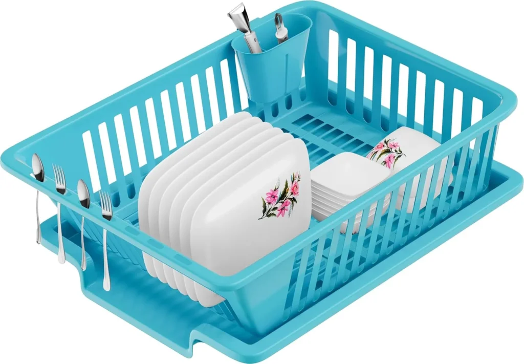 3-in-1 large modular utensil basket in blue, made of glossy, durable, and unbreakable plastic. Includes a built-in spoon holder and removable dish drainer, ideal for kitchen dish rack organization.