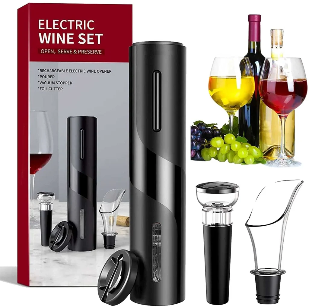 Electric wine bottle opener set with rechargeable opener, wine pourer, vacuum stopper, and foil cutter – ideal for effortless wine opening and preservation.