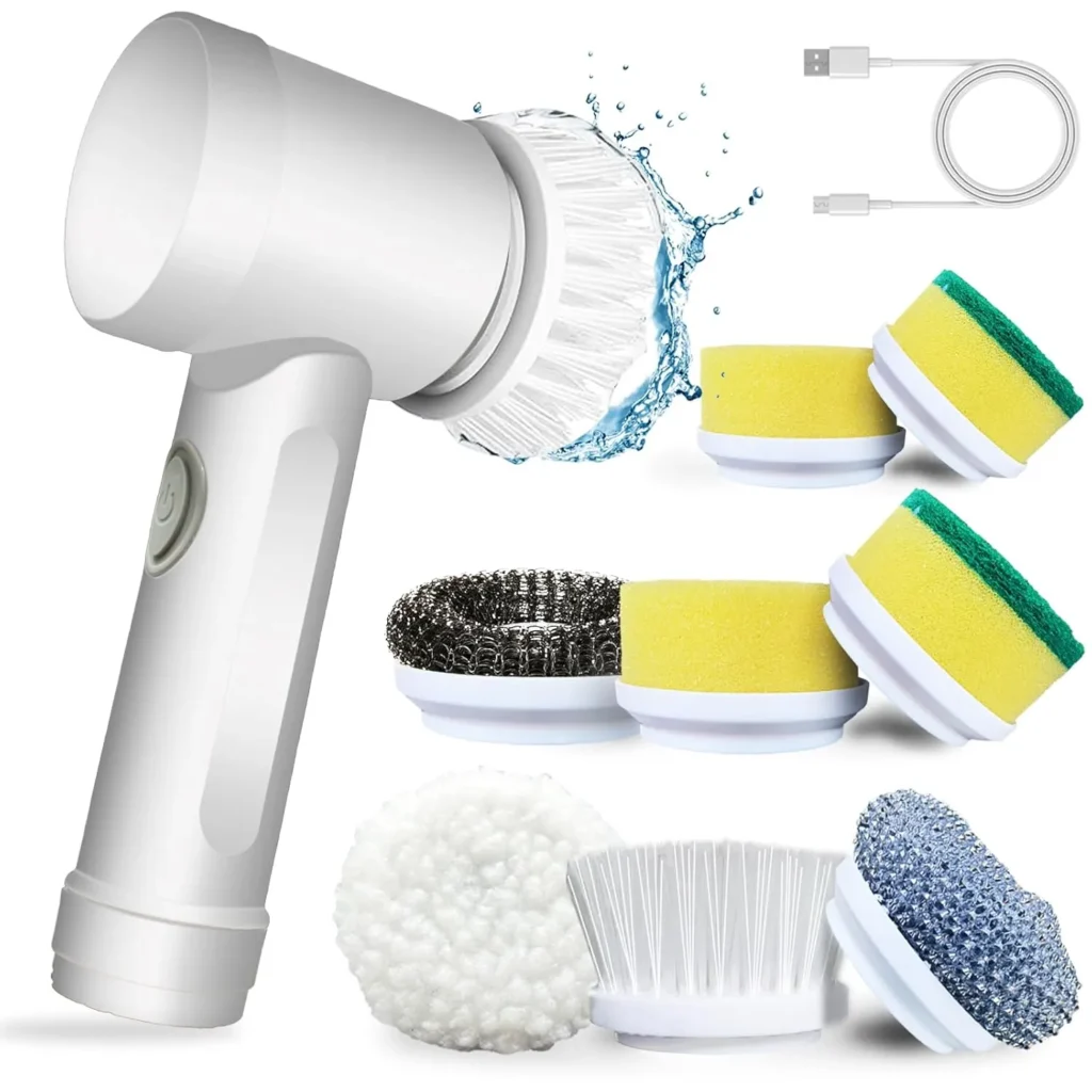 Electric cleaning brush set with multiple detachable scrubbing heads and USB charging cable, ideal for deep cleaning kitchen, bathroom, and household surfaces