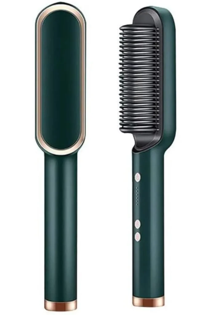 Electric hair straightener brush with PTC heating, 5 temperature settings, and anti-scald design. Fast-heating multicolored hair iron comb for smooth and frizz-free styling at home.