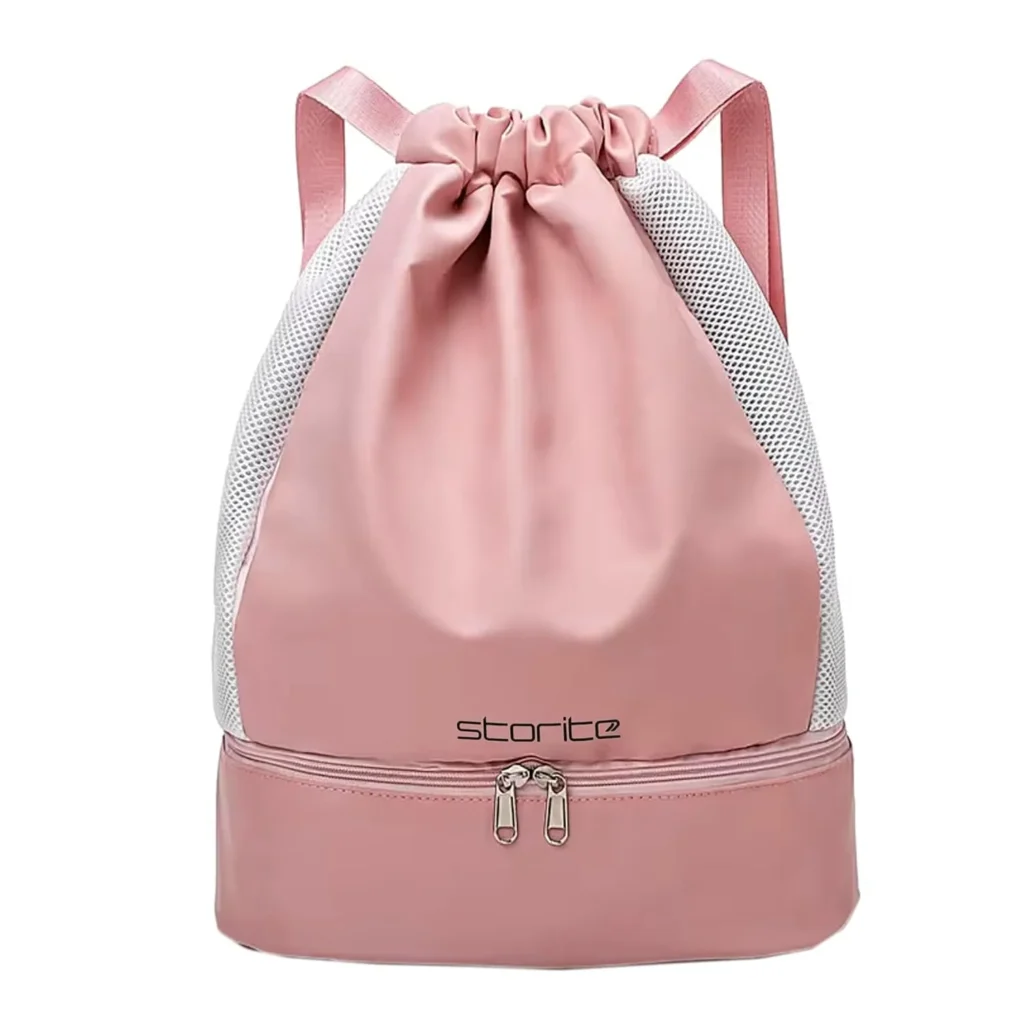 Pink drawstring gym backpack with a white mesh side panel design and a separate zippered shoe compartment at the bottom. The bag features pink adjustable shoulder straps and a sleek, modern look ideal for sports, gym, or casual outings.