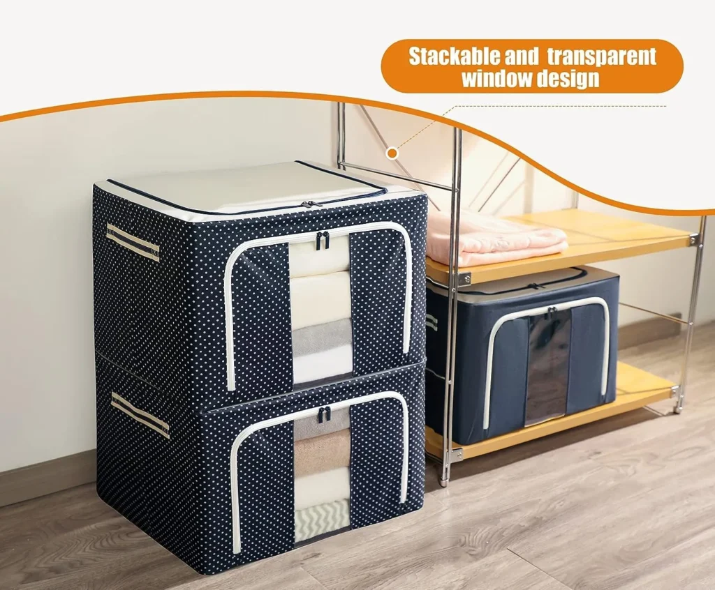 66-liter cloth storage box set with a sturdy steel frame and heavy fabric construction. Ideal wardrobe organizer for storing clothes, blankets, and garments for men, women, and babies.