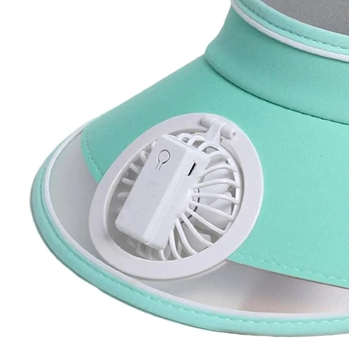 Mint green sun hat with built-in rechargeable fan for summer cooling and sun protection